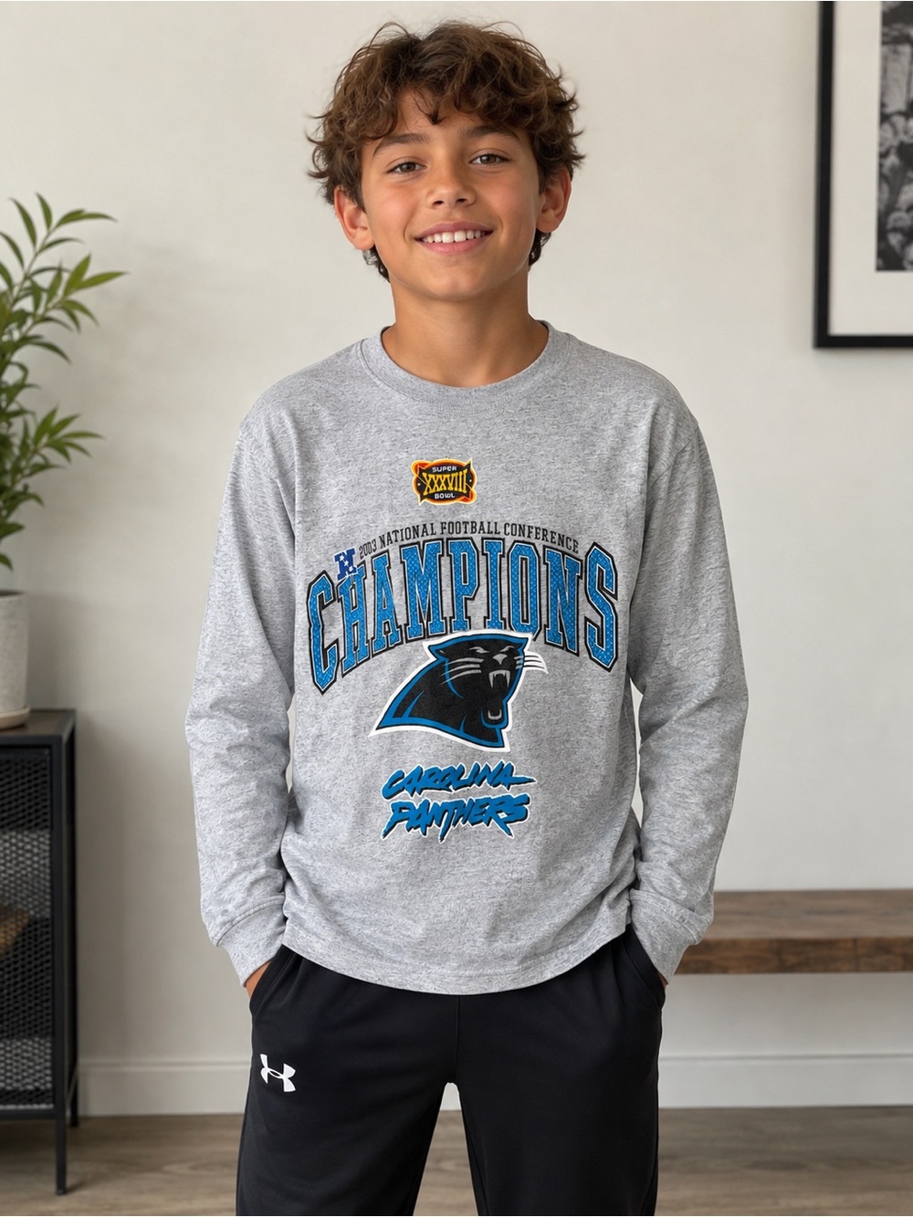 Carolina Panthers Gray Champions Long-Sleeve Kids Tee